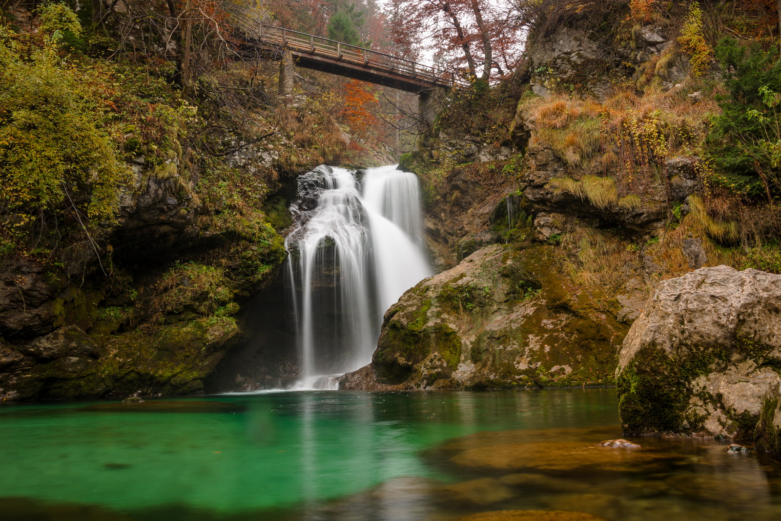 Waterfall at the end of Vintgar Gorge in autumn season
