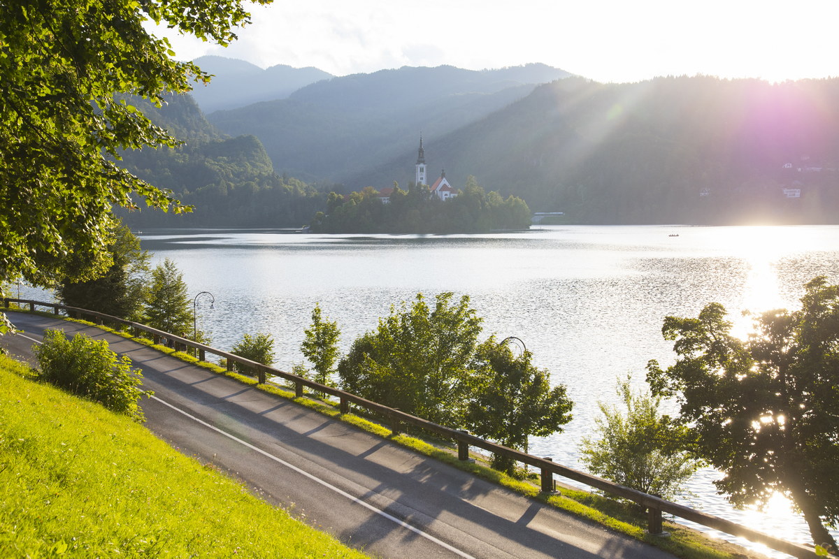 Lake Bled Slovenia. Beautiful mountain lake with small Pilgrimage Church.
