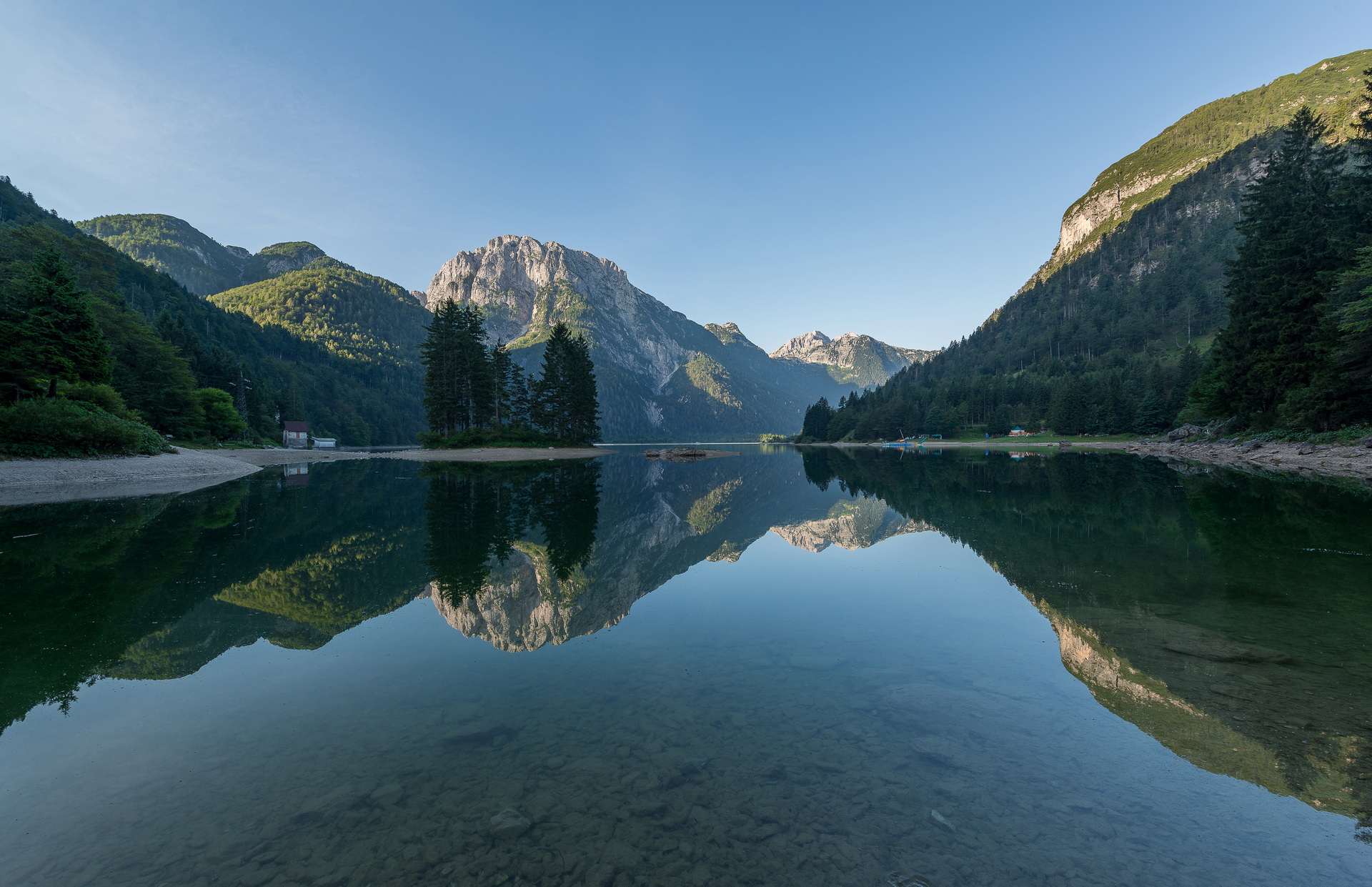 Lake Predil in the early morning. One of the most beautiful lakes in the Julian Alps.