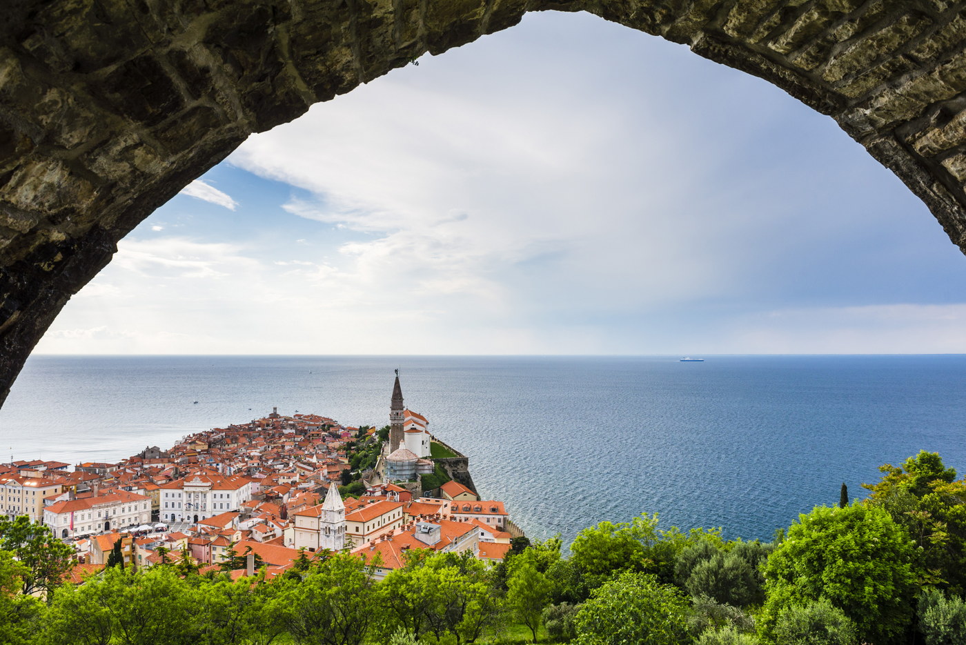 Piran and the Adriatic Sea on the Mediterranean Coast, seen from Piran Town Walls, Slovenian Istria,