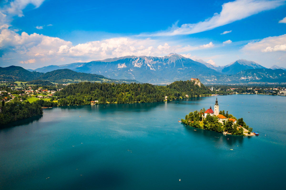Slovenia - Aerial view resort Lake Bled. Aerial FPV drone photography.