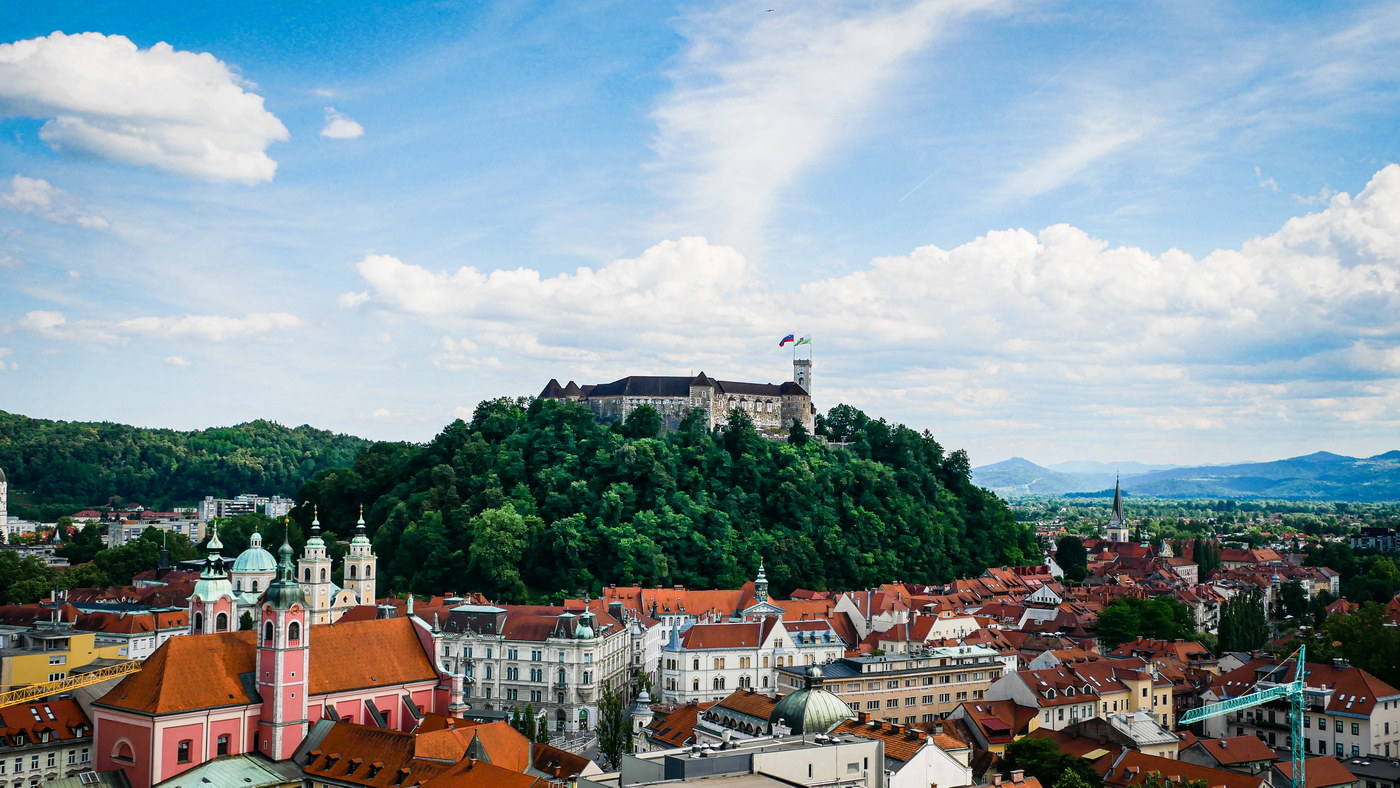 The view of Ljubljana Castle standing on Castle Hill above downtown Ljubljana, Slovenia.