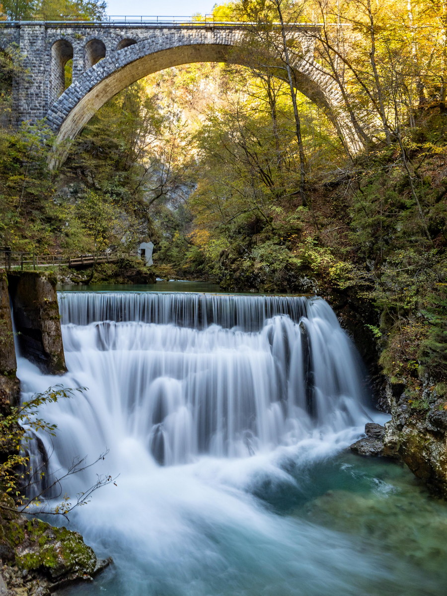 Waterfall and bridge in Vintgar gorge, Triglav national park, Slovenia
